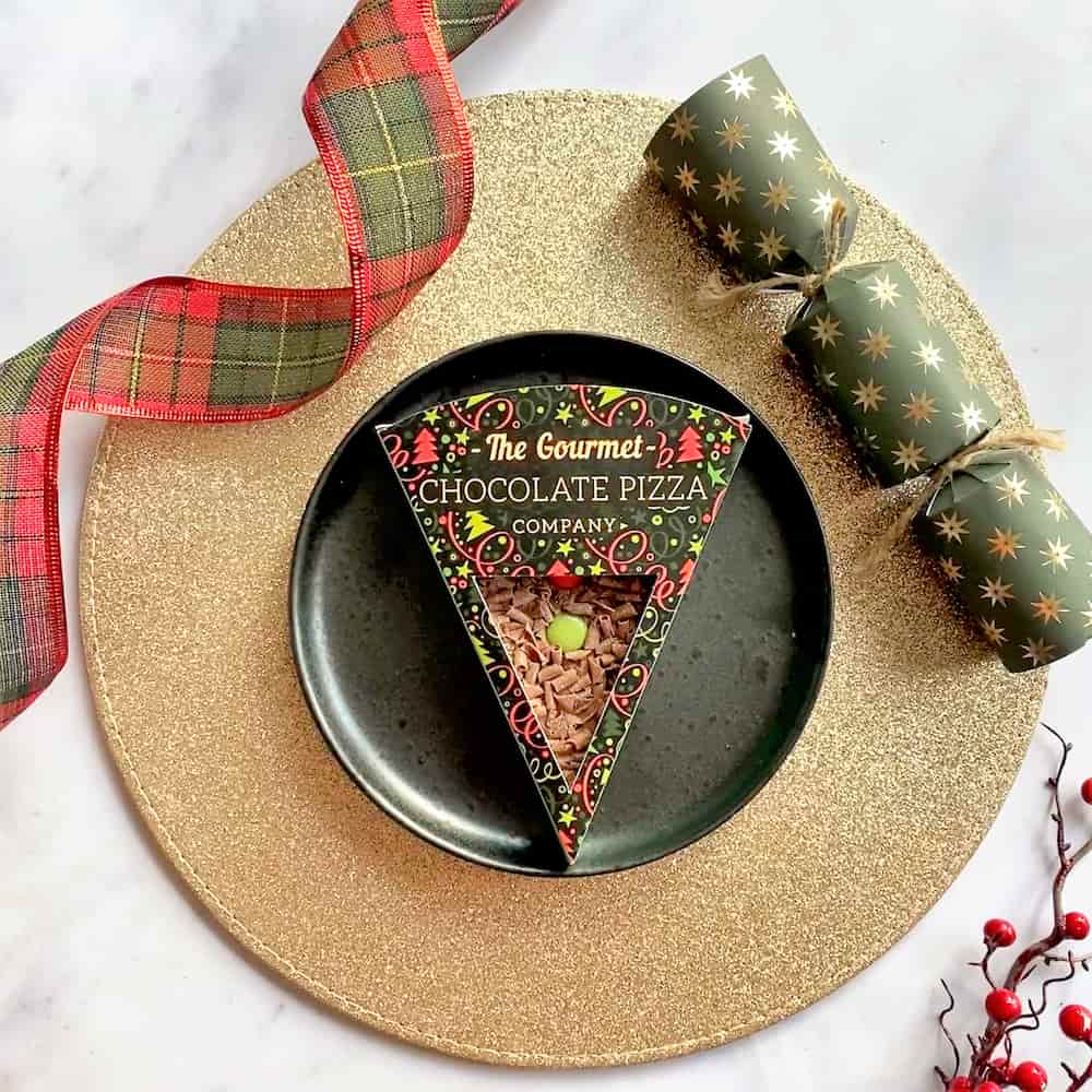 Our Christmas Chocolate Pizza Slices make a novel festive place setting for Christmas Day.
